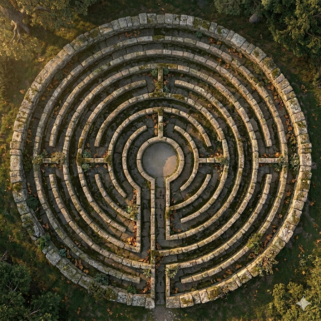 A winding stone labyrinth in a forest, sparse vegetation covers the ruins